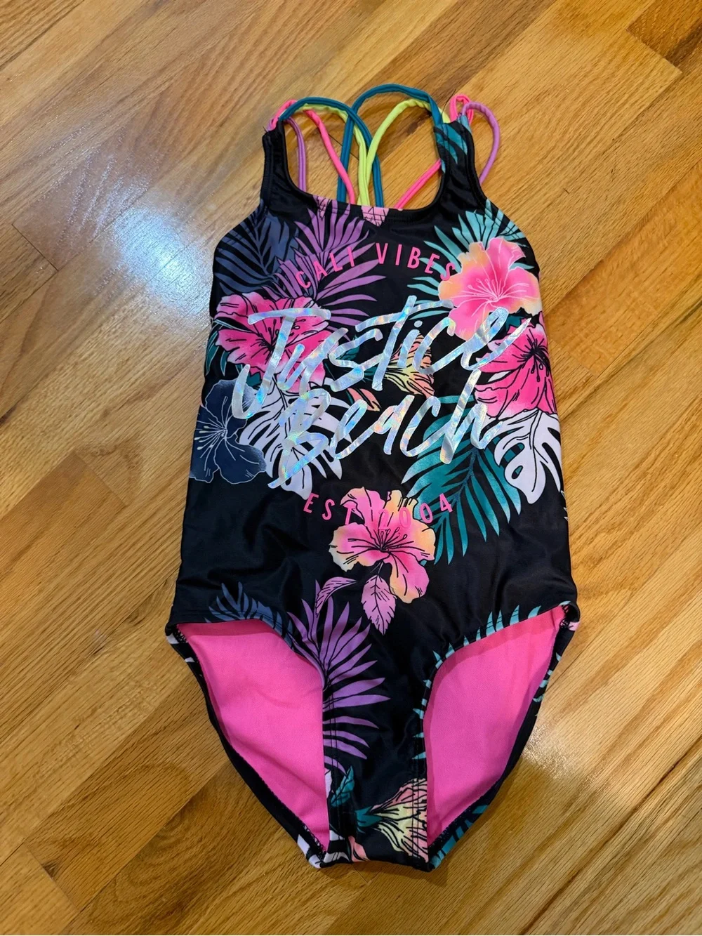Justice Black Tropical Floral One-Piece Swimsuit with Pink & Teal Accents